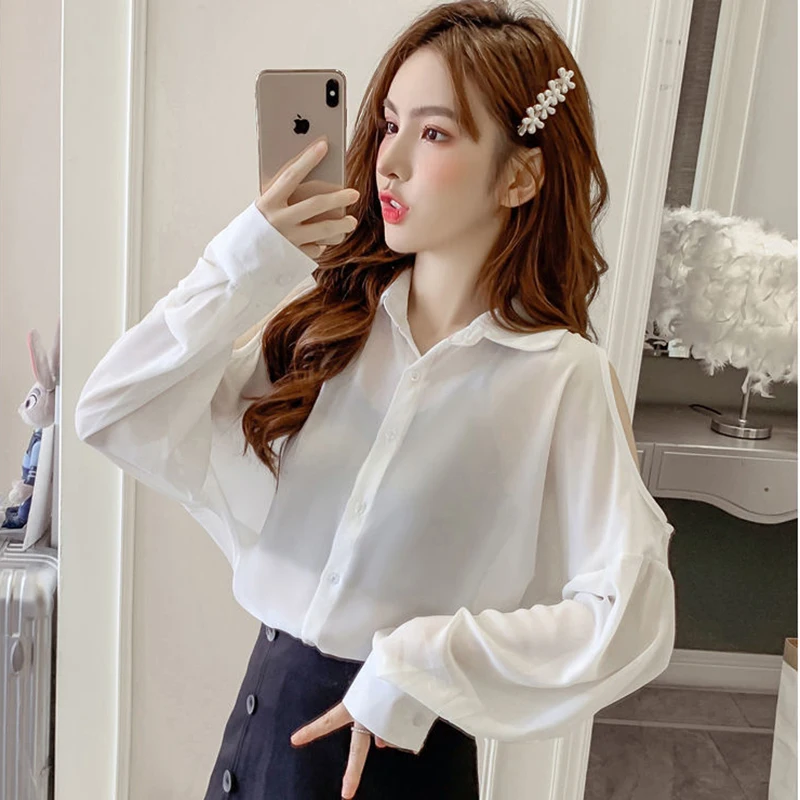 

Women Spring Summer Style Chiffon Blouses Shirts Lady Casual Beading Off Shoulder Long Sleeve Chiffon Blusas Tops DF3806