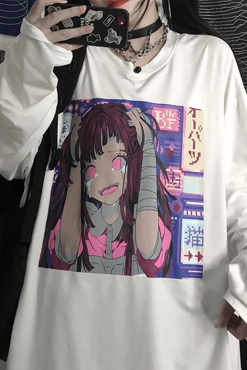 

WHOHOLL Gothic T-shirt Summer Women Long Sleeve O-neck Tshirts Funny Anime Cartoon Printing Harajuku Punk T-shirts Trend
