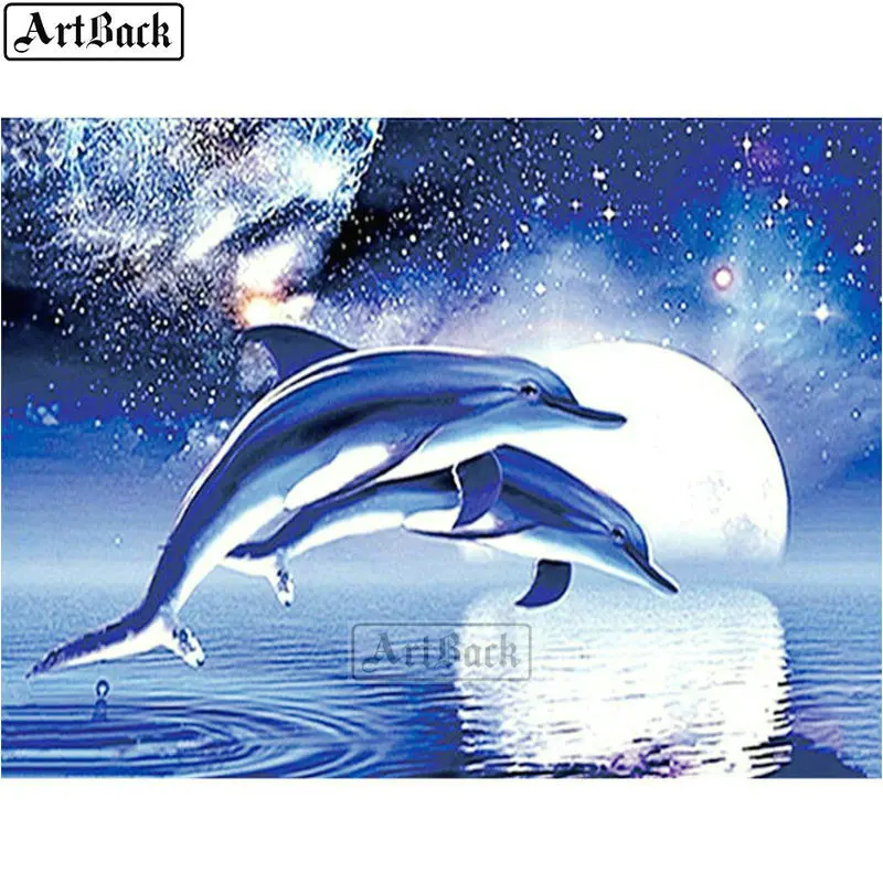 5d алмазная картина Полная площадь Дельфин Луна голубое небо Алмазная мозаика