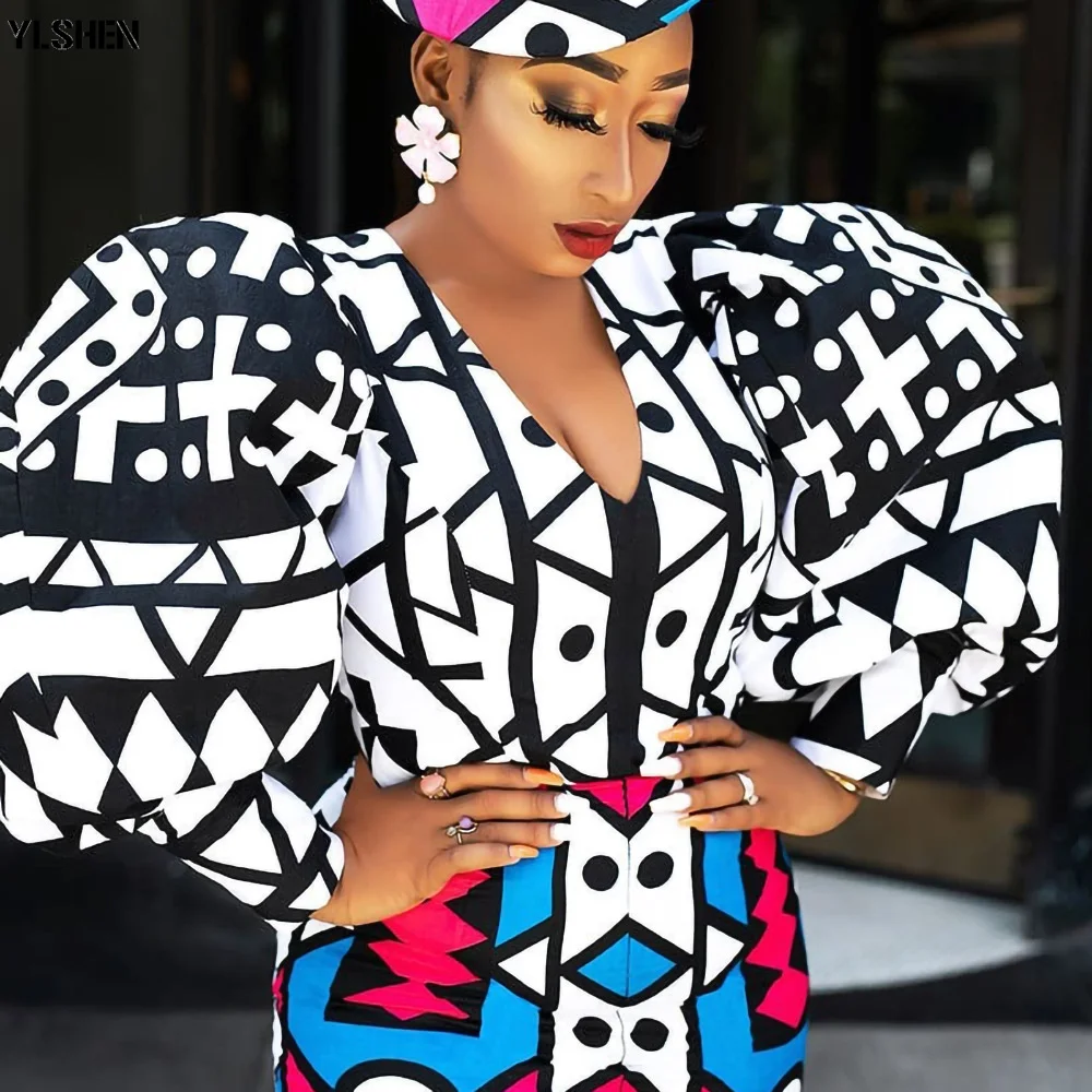 

Африканские облегающие платья для женщин, модные элегантные платья с v-образным вырезом и длинным рукавом-фонариком, высокая талия, Офисная Женская одежда для работы, упаковка, хип-осень