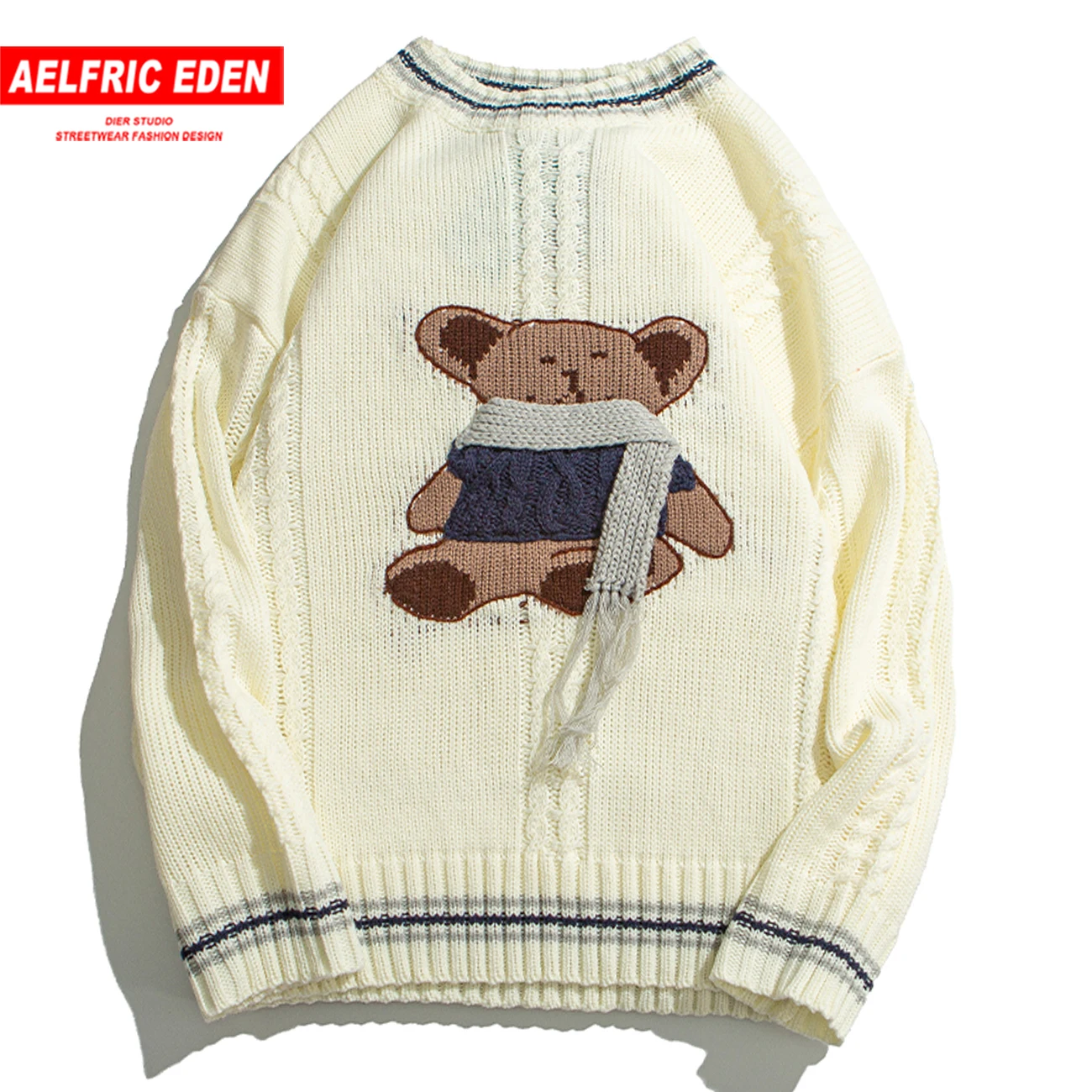 Хип Хоп Уличная трикотажный свитер с медведем для мужчин 2020 Осень Harajuku Мужской