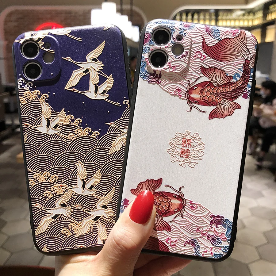 

Iphone Case Suitable for Apple 12 Chinese Style Embossed Phone Case 11 Huawei P40/mate30 Lotus Iphone 12Promax Case 11 78 Se Xr