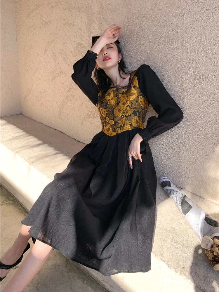 

Nbpm Vintage Palace Style Women's Dress Stitching Lace Loose And Comfortable Hemline Dresses Pleated Skirts