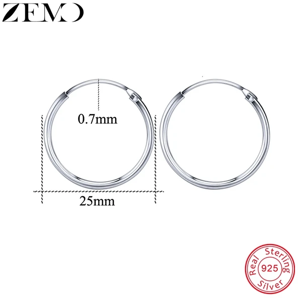 hoop earrings 25mm ZEMO, 12-25 мм, Настоящее 925 пробы, серебряные серьги-кольца для женщин, круглые серьги для пирсинга, ювелирные изделия, аксессуары для женщин - Окраска металла: hoop earrings 25mm