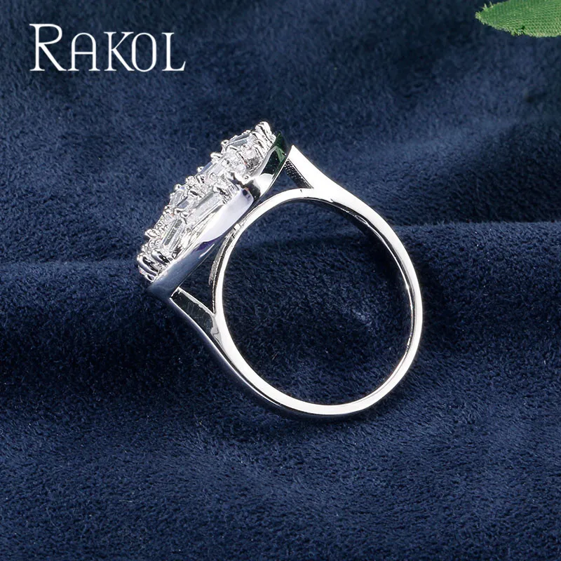 RAKOL Punk Shiny Baguette CZ Zirconia Stone Cluster Luxury White Gold Color Rings For Women Ladies Crystal Brand Finger Jewelry | Украшения