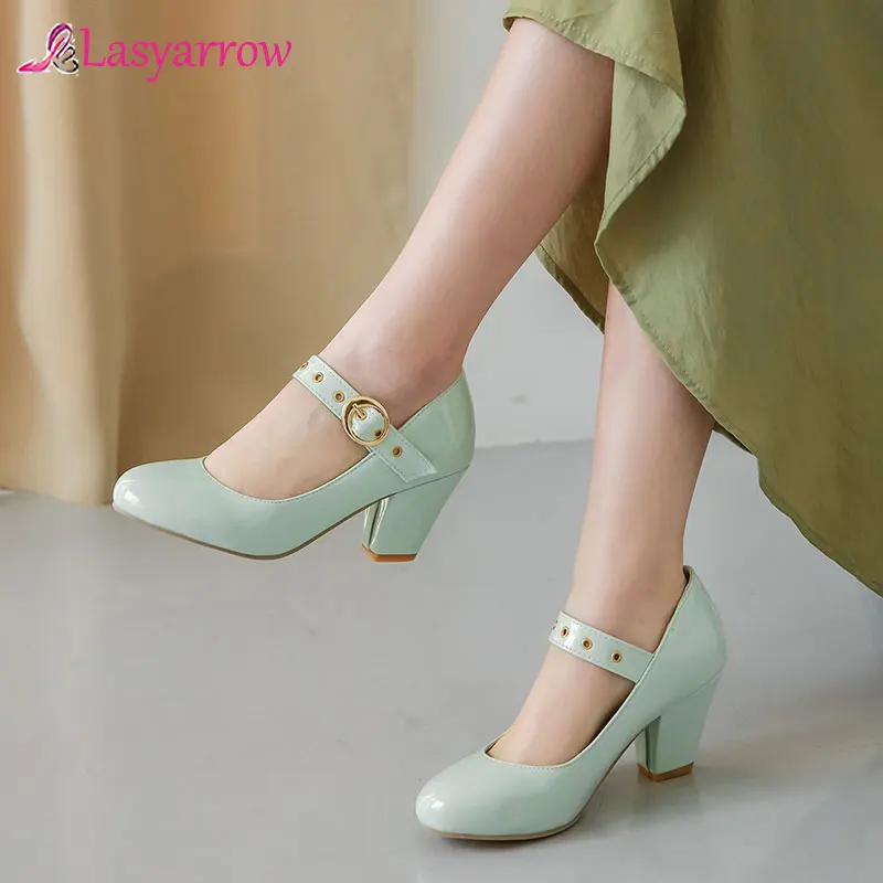 

Lasyarrow Fashion Mary Jane Ladies Shoes Green Black Red Yellow Pink Block Women Heels Pumps Plus Size Spring Party Office Shoes