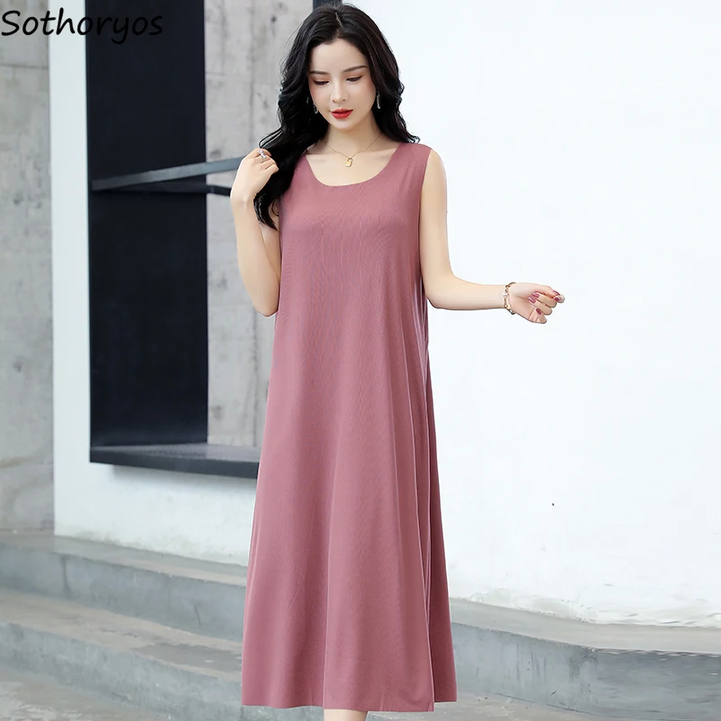 

Nightgowns Women Summer Simple Loose Plus Size XL-5XL Thin Skin-friendly Lounge Wear Ice Fiber Breathable Casual Mid-calf Trendy