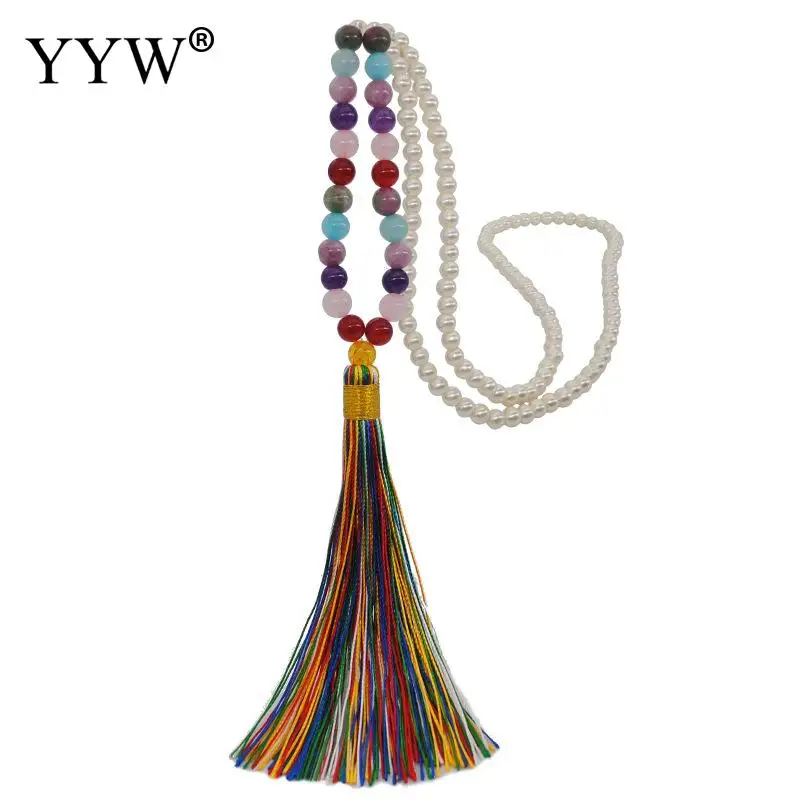 Винтажное богемное ожерелье в стиле бохо длинное из хлопка с кисточками и