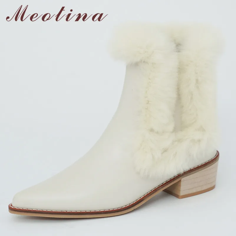 

Meotina Real Leather Mid Heel Short Boots Women Plush Warm Fur Snow Boots Shoes Pointed Toe Chunky Heels Zip Ankle Boots 33-40
