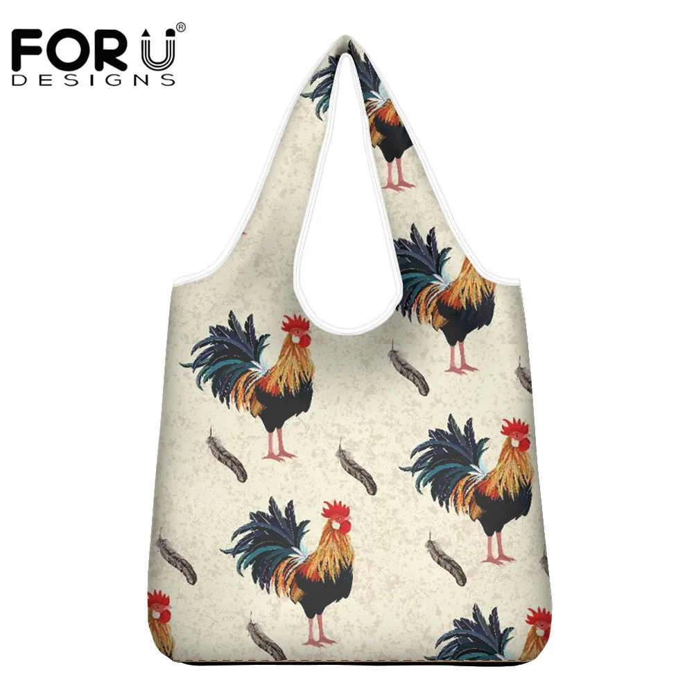 

FORUDESIGNS, Женская продуктовая сумка с узором в виде петуха и насекомых, модная сумка для покупок для женщин, складная сумка-тоут из переработан...
