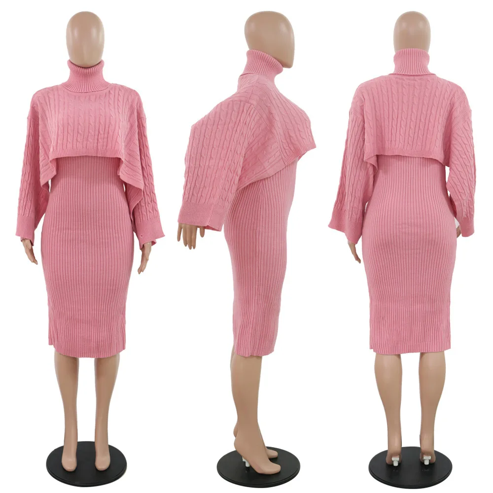Autumn Winter Knitted Sweater Two Piece Set Turtleneck Long Sleeve Loose Crop Top+ Bandage Midi Tank Dress Plus Size Tracksuit