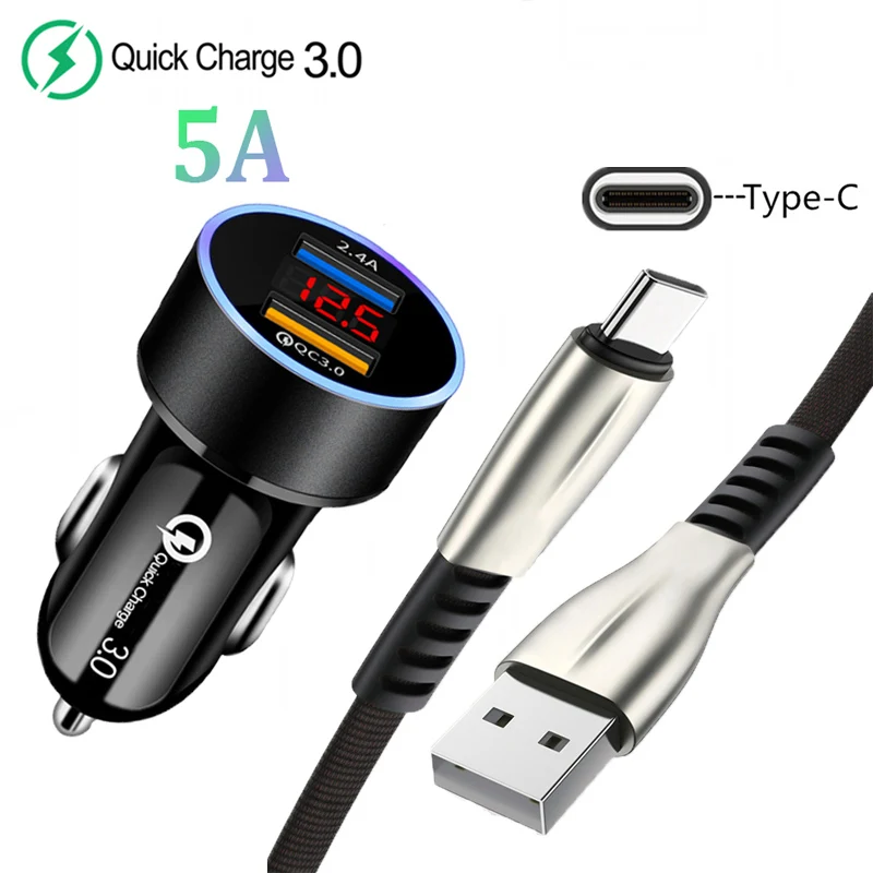 

5A Fast Charging USB Type-C Cable For Huawei P20 P30 P40 Lite Honor 9S 9C 9A 30 20 Pro 9X Lite QC 3.0 LED Display Car Charger