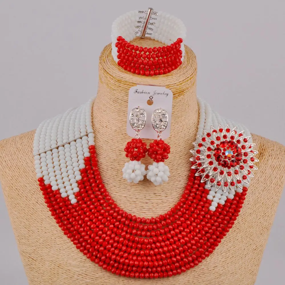 

Lovely White and Red Fashion Necklace Crystal Bead African Jewelry Set Nigerian Traditional Wedding Beads Set DSJ-15