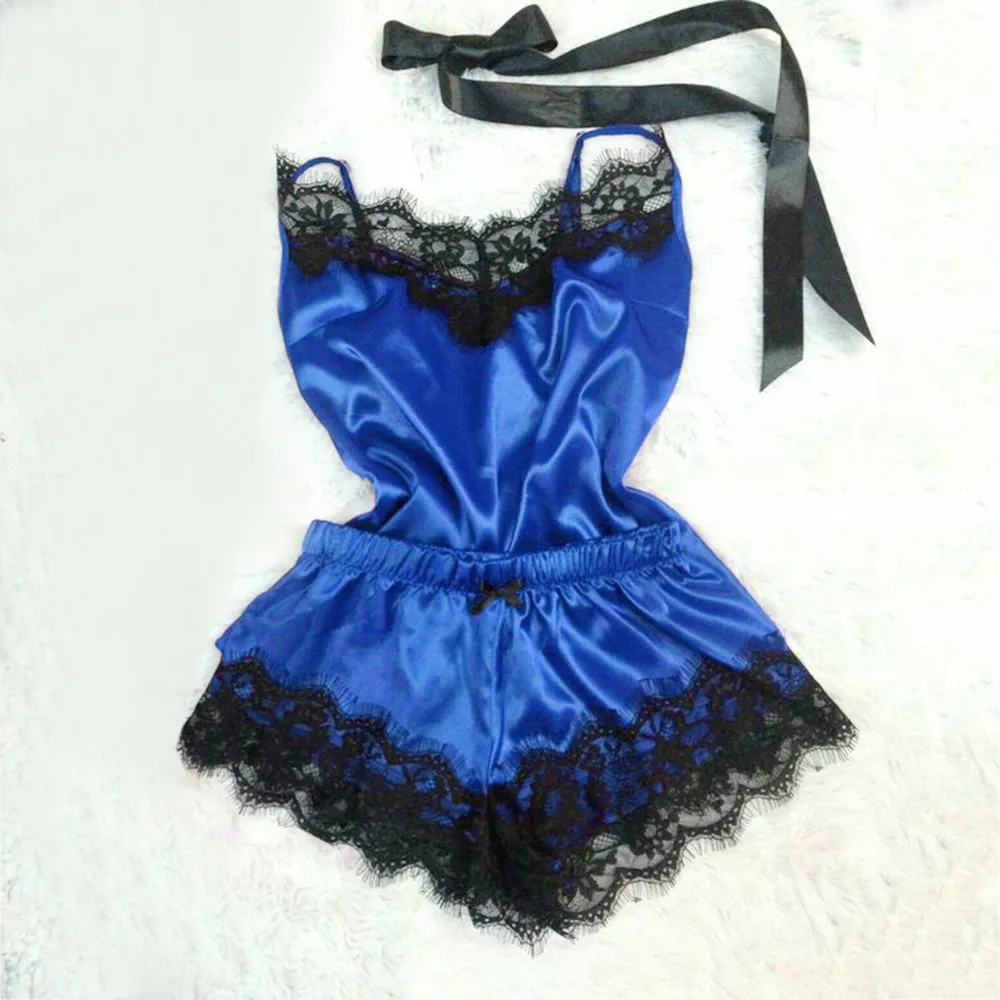 пижама Женский комплект одежды для сна черный кружевной Атласный халат с v