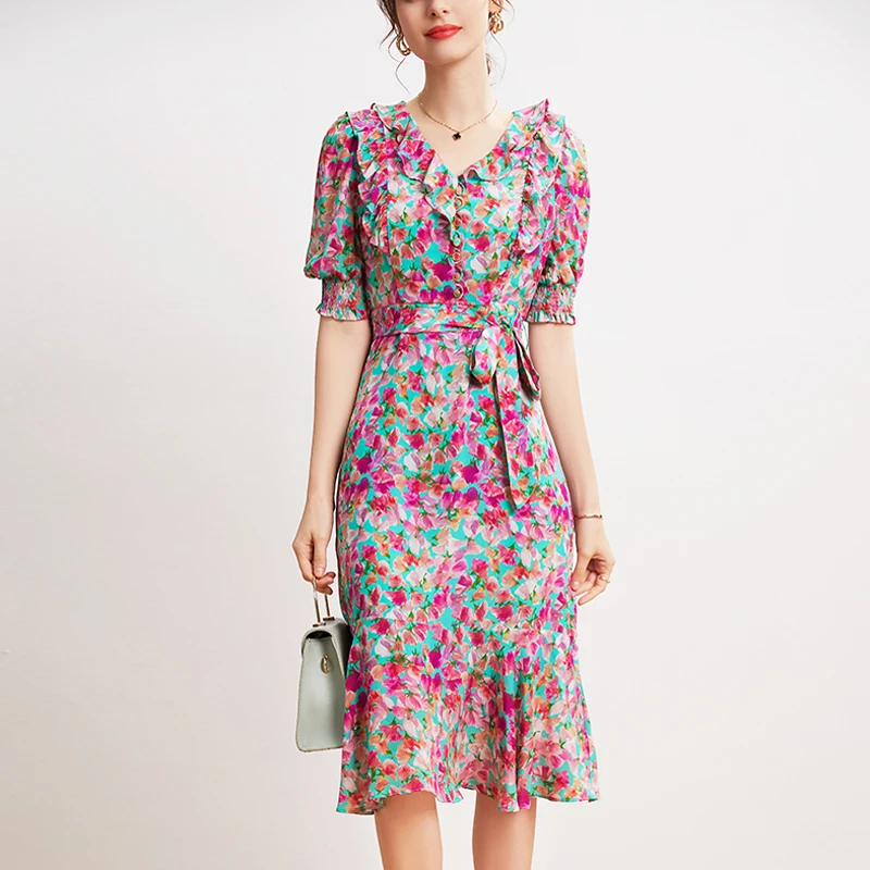 

Женское летнее платье, с V-образным вырезом, коротким рукавом, оборками и поясом, 100% натуральный шелк