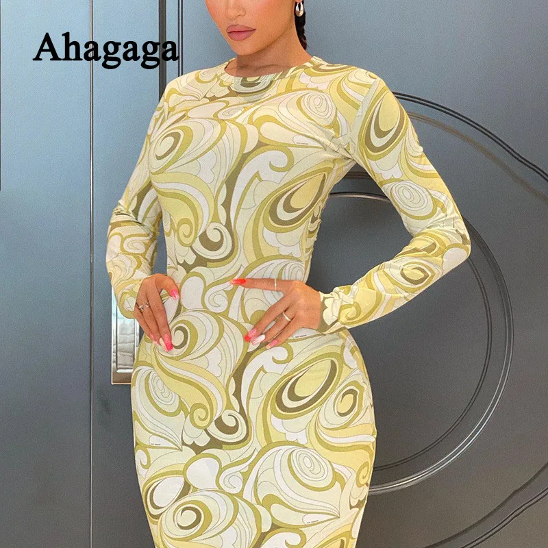 

Новинка 2021, длинное платье Ahagaga с принтом, женское модное облегающее повседневное уличное платье с длинным рукавом и круглым вырезом, женски...