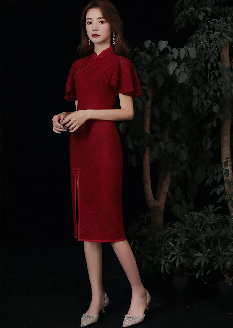 

KAUNISSINA Formal Prom Dresses Women Chinese Cheongsam Bride Marriage Dress Short Sleeve Mandarin Collar Lace Cocktail Vestidos