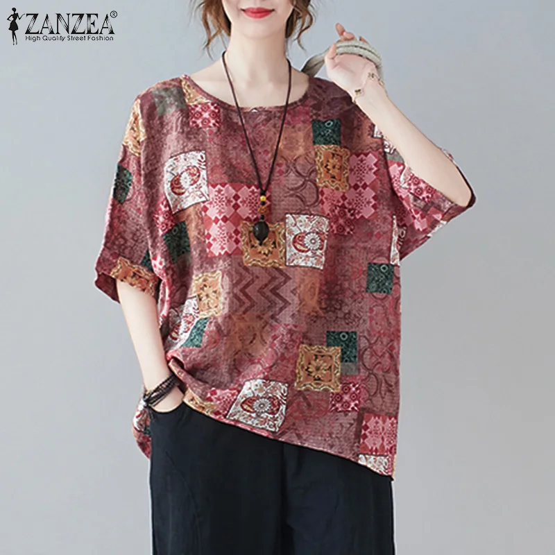 

ZANZEA Women Elegant Blouses 2021 Summer Retro Print Tops Casual O-neck Loose Tunic Lady Short Sleeve Blusas Femme