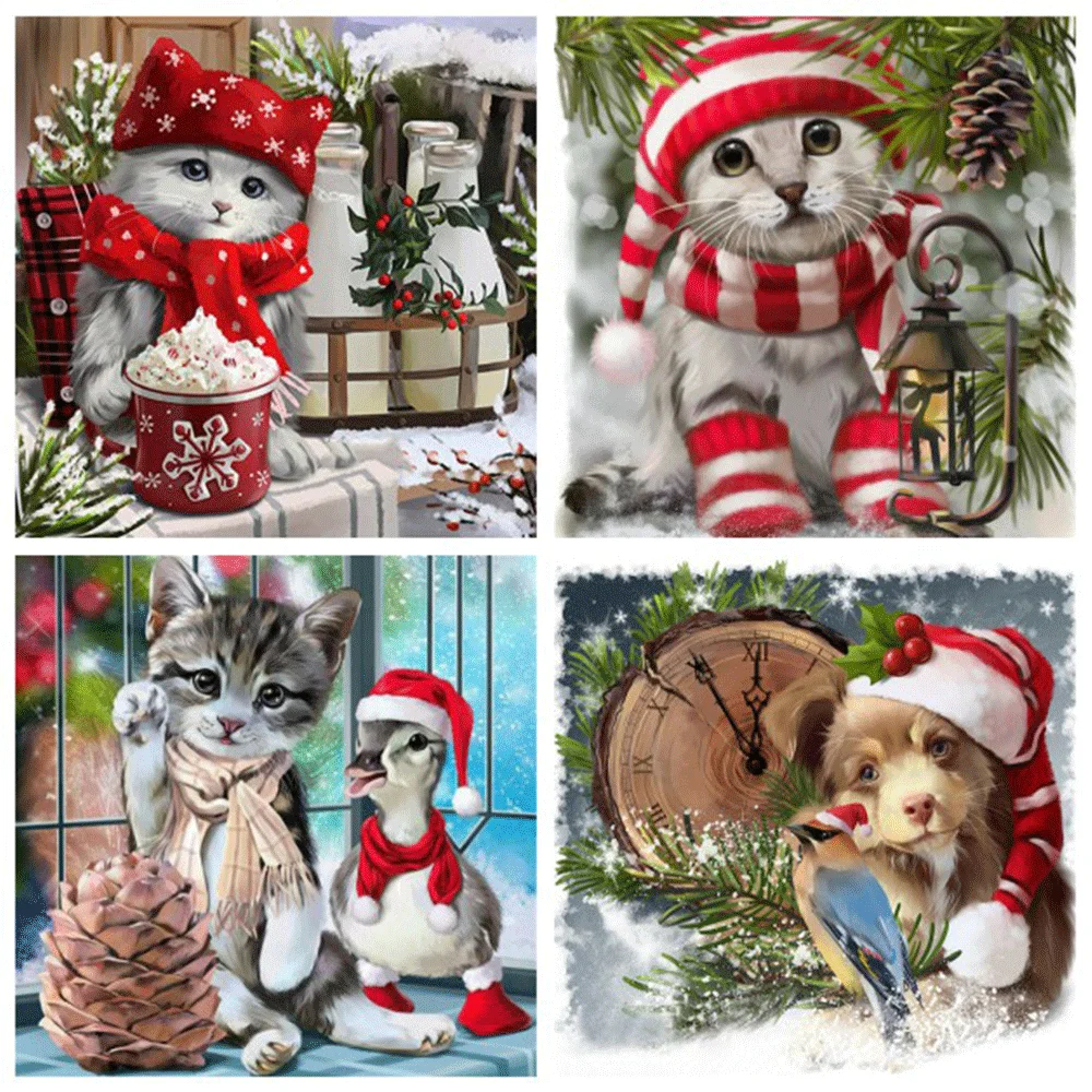 

HUACAN Diamond Painting Cat Animal 5D DIY Diamond Mosaic Winter Full Embroidery Kits Decorative Paintings