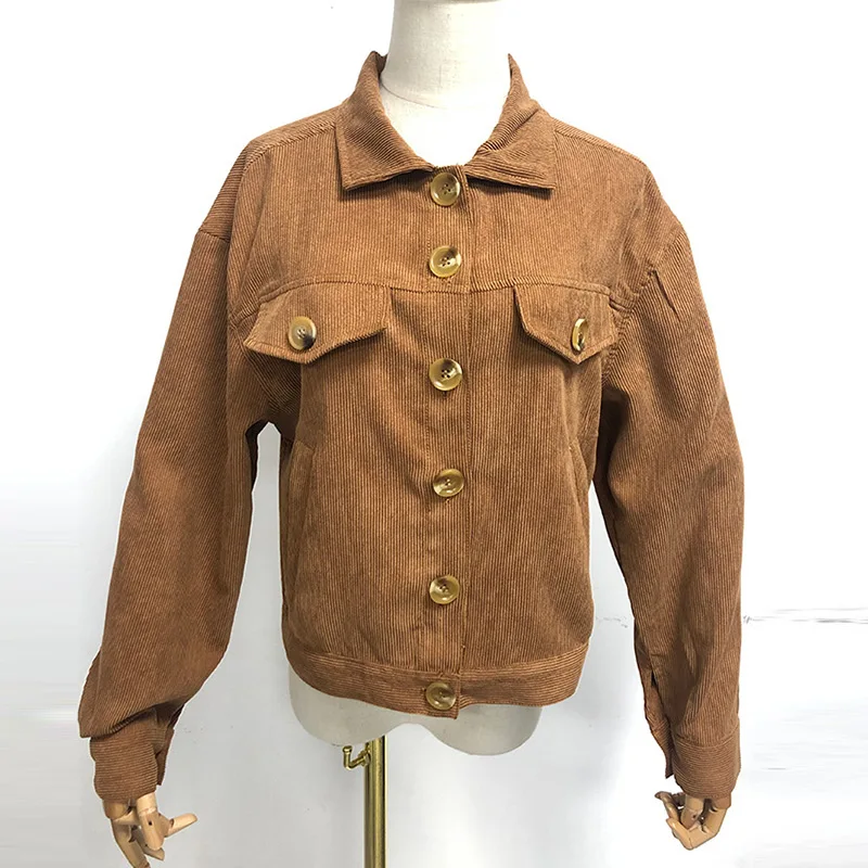 

Autumn Corduroy Ribbed Long Sleeve Coat Women's Casual Solid Turn-down Collar Single Breasted Short Coats Female Vintage Jacket