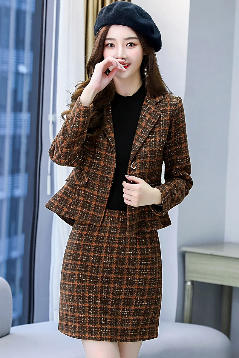 

Autumn and winter 2021 new fashion Plaid Wool Skirt elegant temperament suit short coat hip skirt ol two piece set