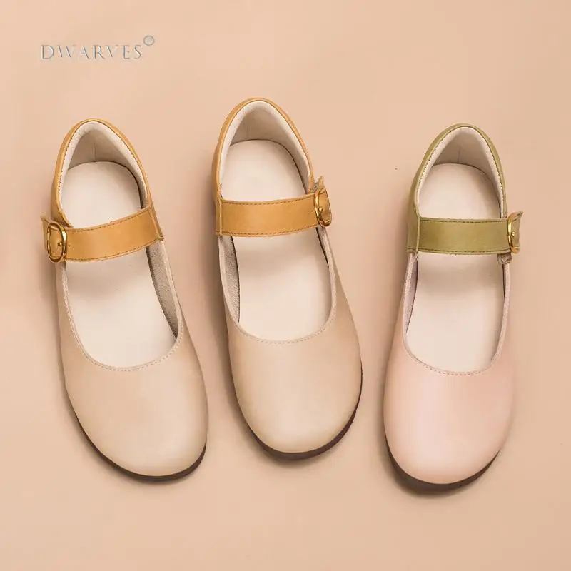 

Handmade Leather Flat Mary Jane Shoes For Womens Round Toe Apricot/Pink