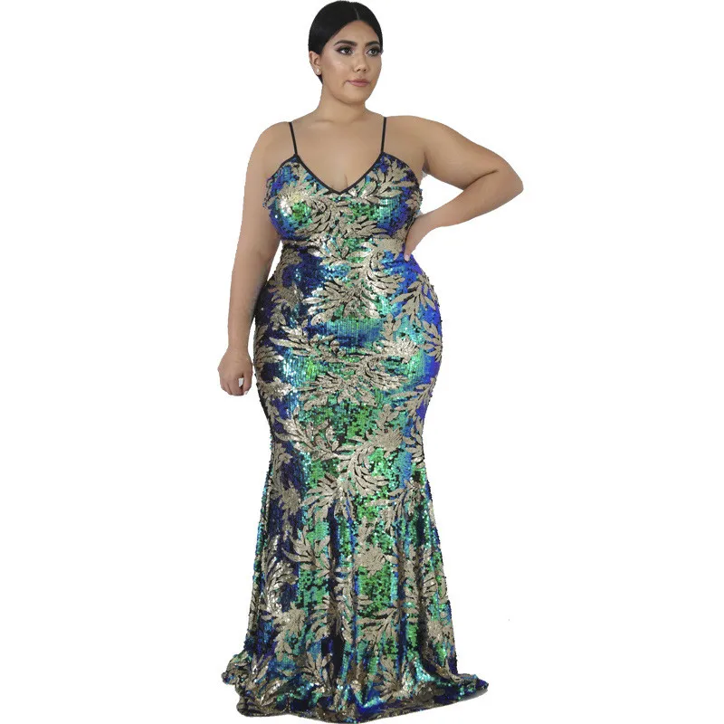 

Dress Women V-Neck Strapless Hollow out Sequin Plus Size Dress Green Sexy Maxi Elegant Bodycon Mermaid Party Dress Big Size Long