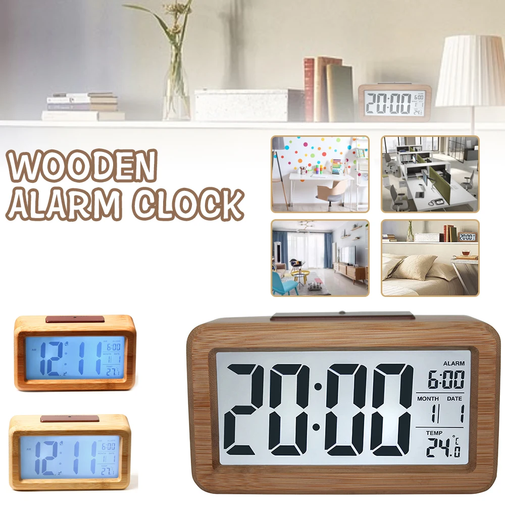 

Wooden Snooze Alarm Clock 12/24 Hour Calendar Temperature Digital Display Desktop Clocks Rectangle Table Decor 2021