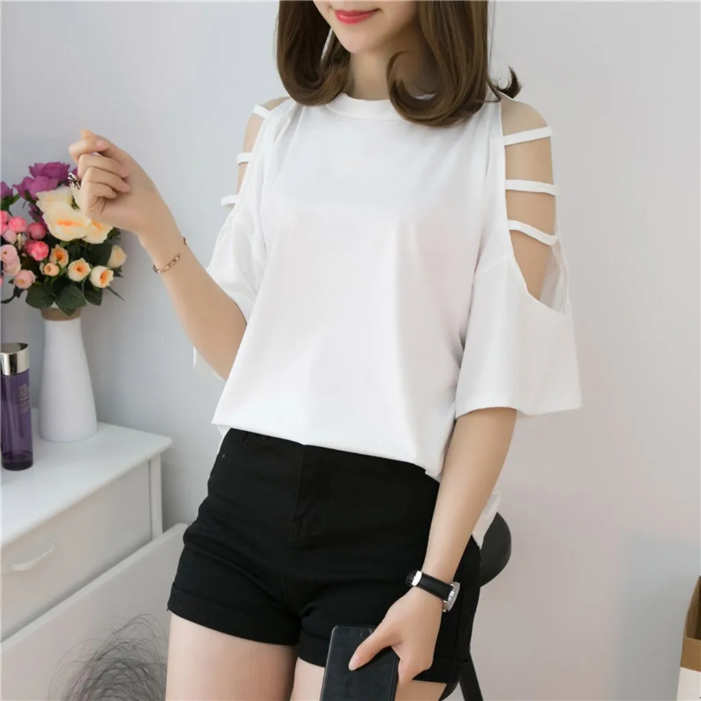 Korean Fashion T-Shirt For Women Bandage Off Shoulder Solid Color Top Half Sleeve Female Tshirt Cropped Streetwear | Женская одежда