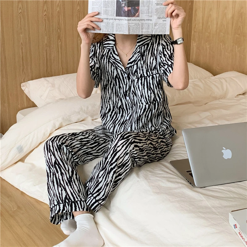 

zebra print summer pajamas set women sleepwear short sleeve top pants 2 piece set homewear loungewear pijamas home suit
