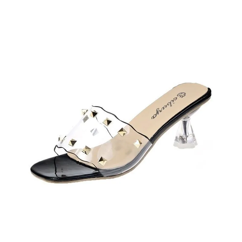 

2020 New Summer Slippers Female Slides Clear Transparent Crystal Ladies Shoes Rivet Spike High Heels Women Shoes Woman Mules