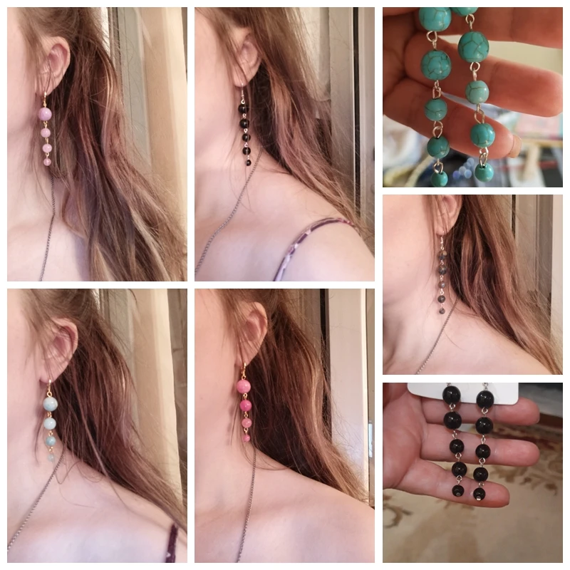 Серьги-подвески женские с круглыми бусинами длинное из натурального камня |