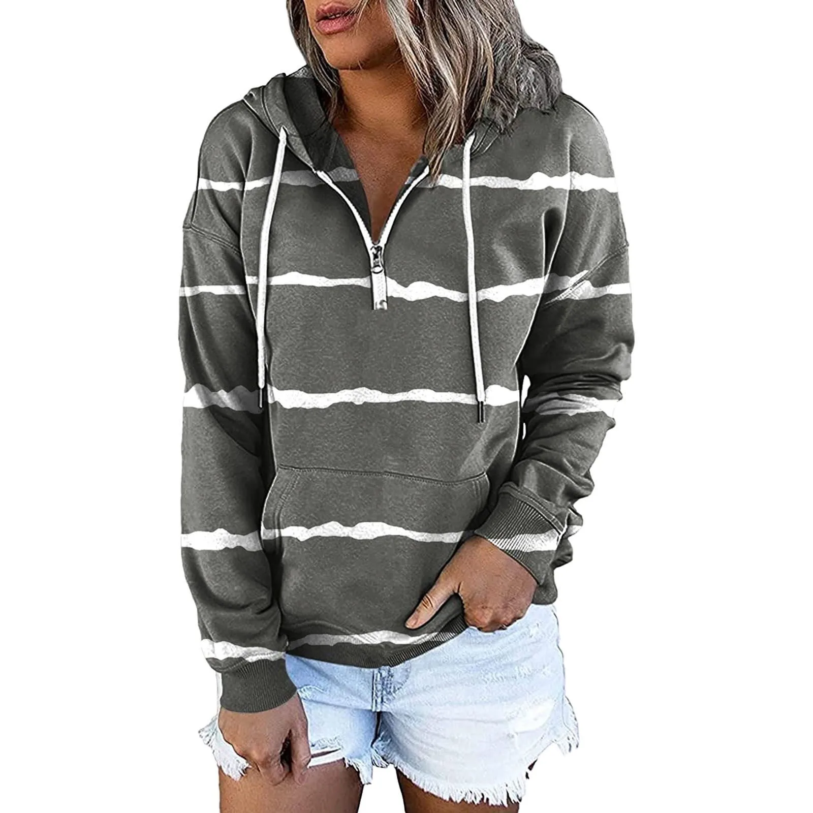 

Women's Strips Hoodie Casual Zipper Drawstring Hooded Sweatshirt Loose Long Sleeve Autumn Top Ladies Sweatshirts Oversized
