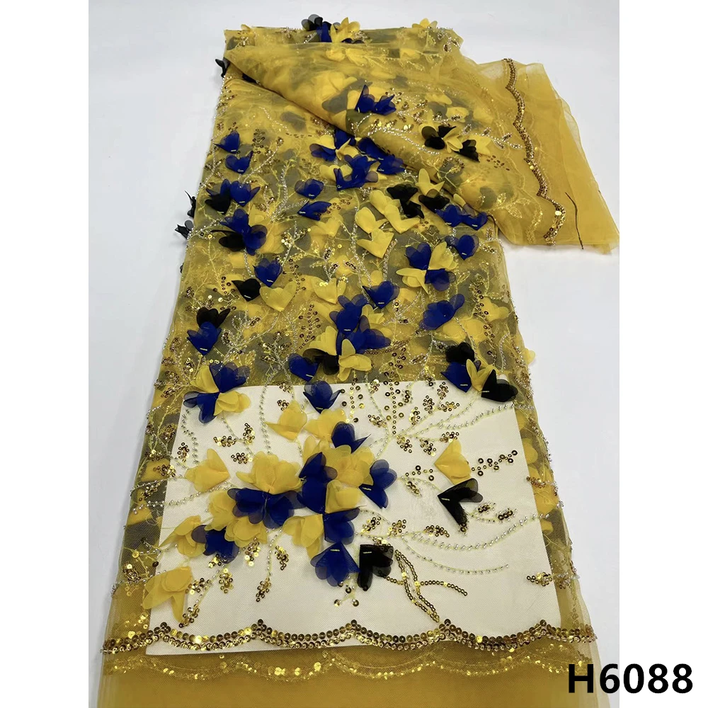 Tela de encaje africano con flores en 3D, tejido de tul nigeriano con cuentas, 5 yardas, para vestido de novia, HX6088, novedad de 2021-2