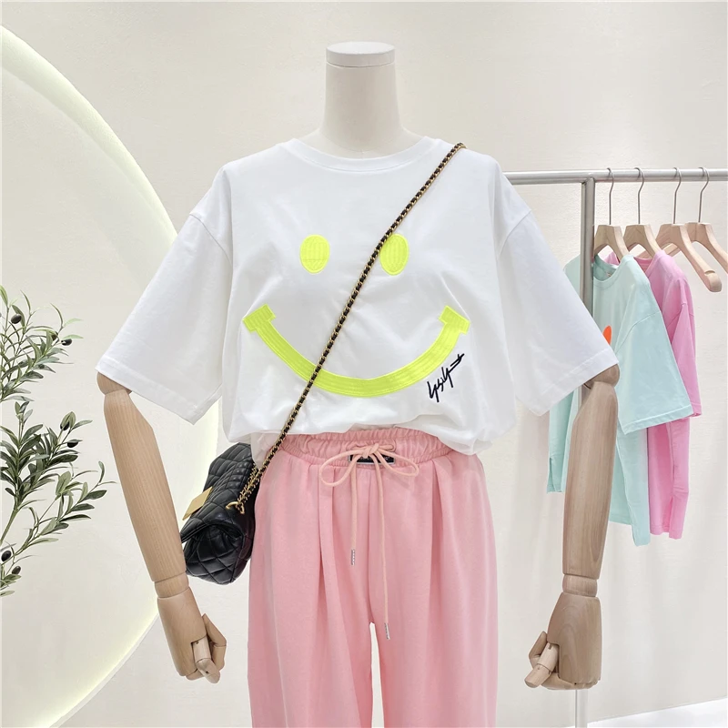 

2021 Summer New Embroidered Loose T-shirt Ladies All-Matching Round Neck Simple Short Sleeve Casual Top for Women