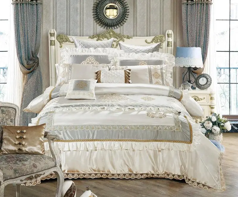 42 Cotton Silk Queen/King Size White Beige Royal Bedding set Duvet Cover Bed Spread Bedlinen 11Pcs Decorative pillow | Дом и сад