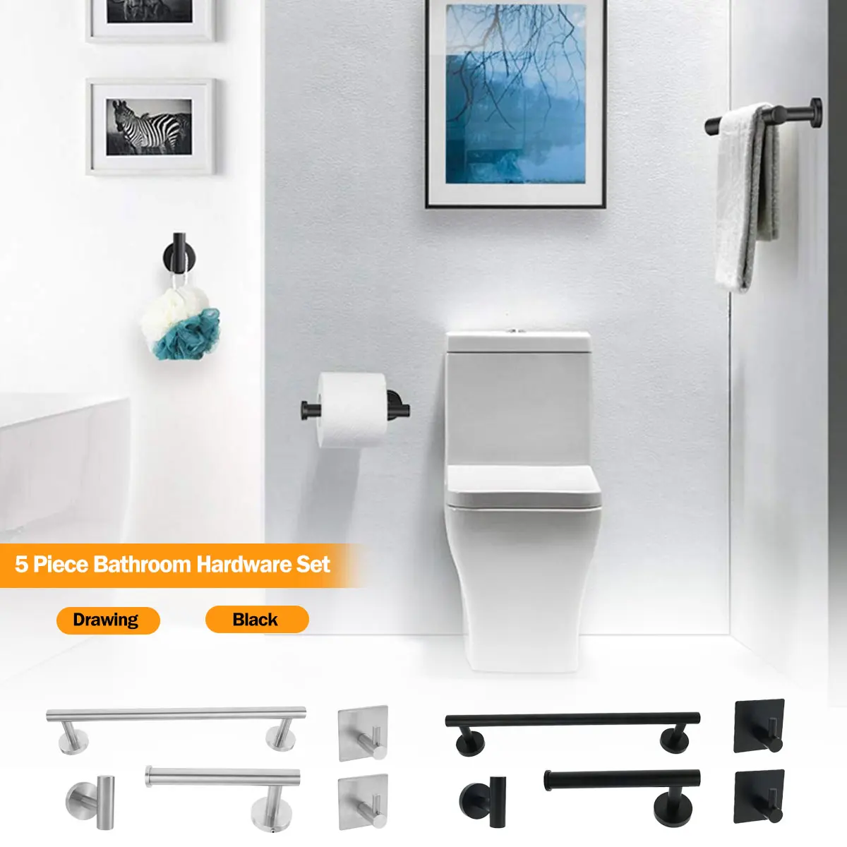 

5pcs Tissue Paper Holder Robe Hook Towel Bar Rack Bar Shelf Bathroom Hardware Set Bathroom Accessories Black Toothbrush Holder