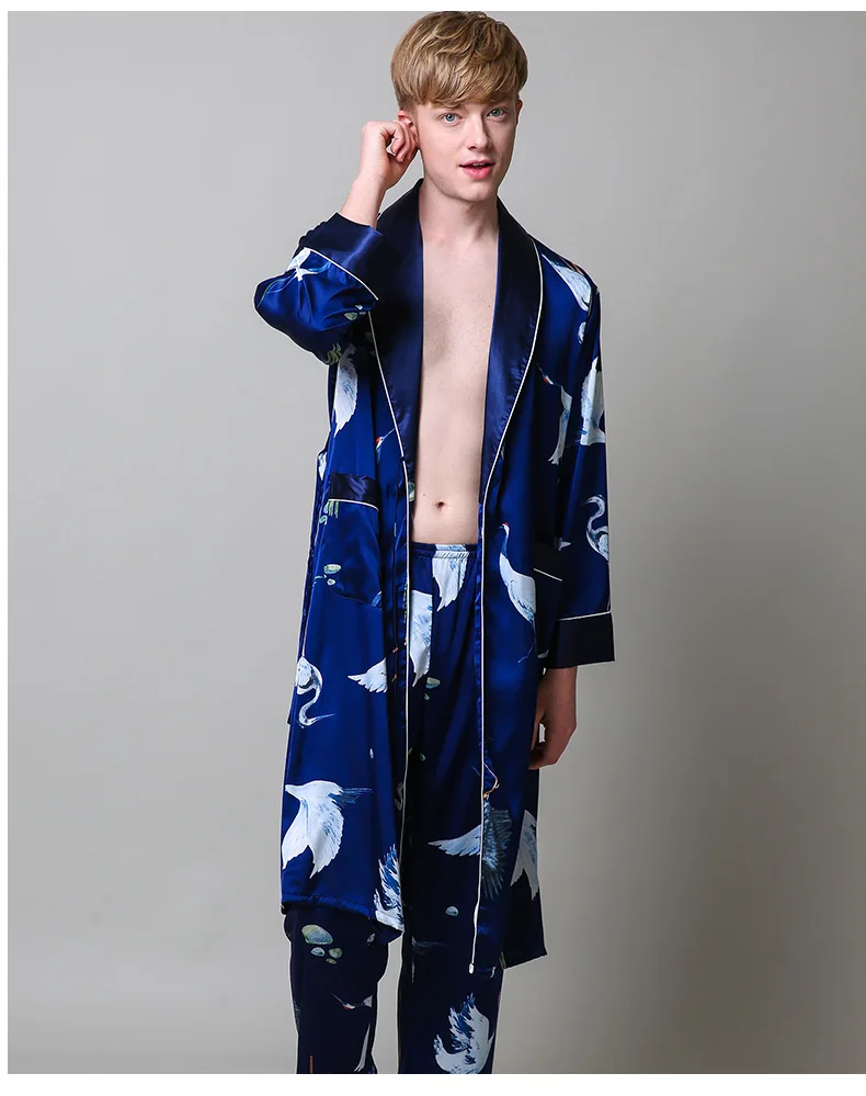 2PC robe and pants Атласная Ночная рубашка из двух предметов, атласная Мужская одежда для сна, свободное платье с тигром, шелковистый халат с длинными рукавами и длинные штаны, ночной комплект для мужчин - Цвет: 2PC robe and pants