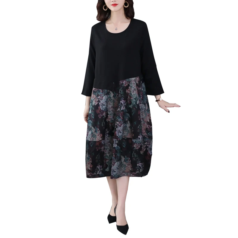 

2021 Vintage Black Floral Patchwork Midi Dress Autumn Winter Korea 3XL Plus Size Long Dress Women Classy Bodycon Party Vestidos