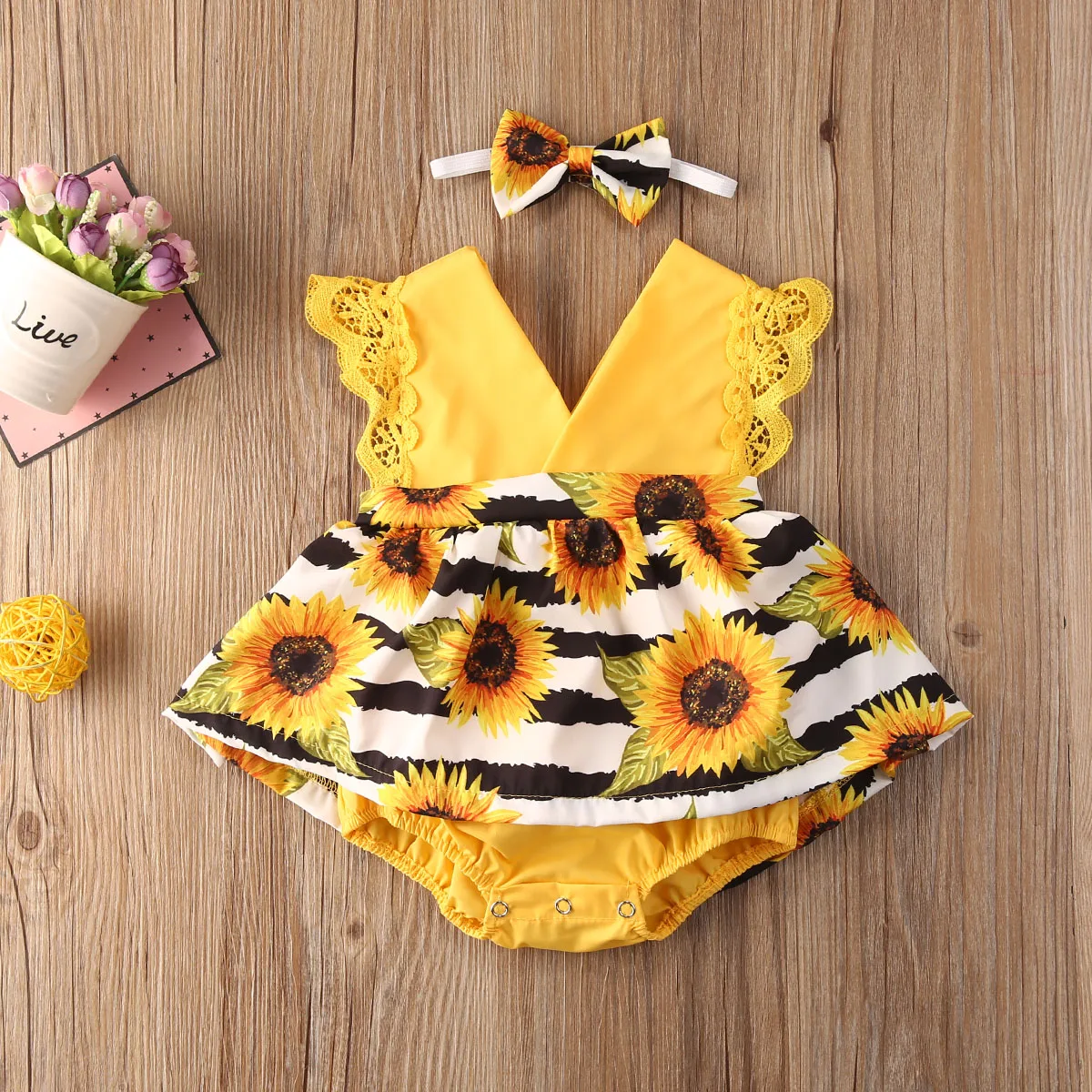 

HS Newborn Baby Girl Clothes Lace Ruffle Sunflower Print Romper Headband 2Pcs Summer Sleeveless Outfits Sunsuit for 0-24Months