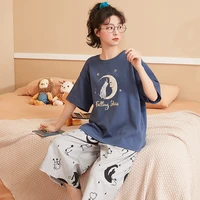 leisure plus size home wear for women moon print cute cartoon pajamas for women summer cotton short sleeve blue sleepwear female