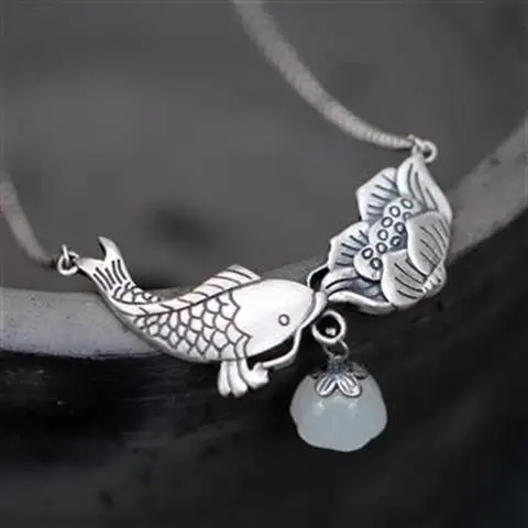 

S925 Sterling Silver Fish Lotus Necklace Women's Hotian Jade Pendant Short Antique Literary Retro Simplicity Necklace Accessorie