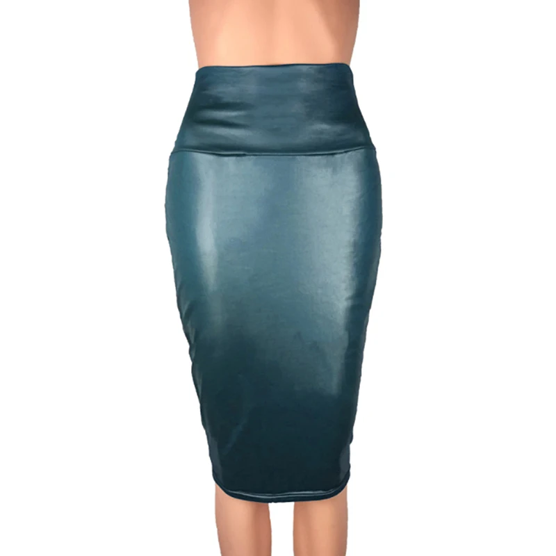 

2022 Women Spring Fake Faux Leather Skirt High Waist Package Hip Knee Length Split Skirt Office Ladies Slim Skirt Plus Size