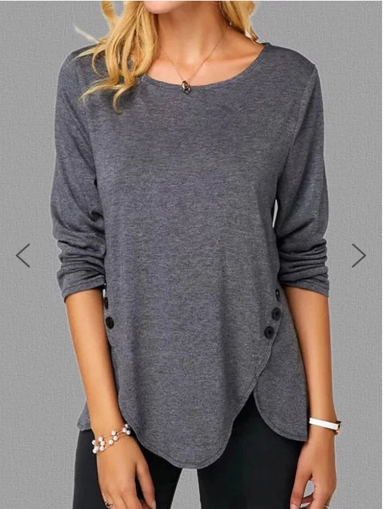 

Casual cotton T-shirt ladies long-sleeved button top O-neck large size S-5XL ladies solid color clothes volume_up content_copy