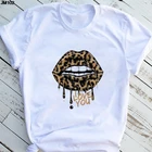 Летняя тонкая женская Футболка Harajuku с леопардовым принтом губ, женская футболка, повседневные модные белые топы с коротким рукавом, женская футболка