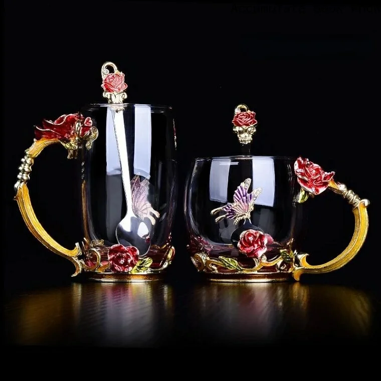 

Hand-made Enamel Coffee Mug Crystal Cup Milk Lemon Flower Tea Cup High-grade Glass Drinkware Gift For High-end Lover Wedding