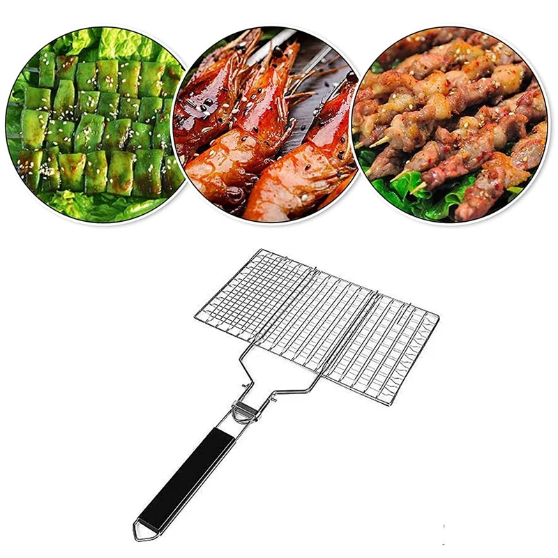 Barbecue Grilling Basket Portable Stainless Steel Grill Folding BBQ Net Accessories with Wooden Handle |