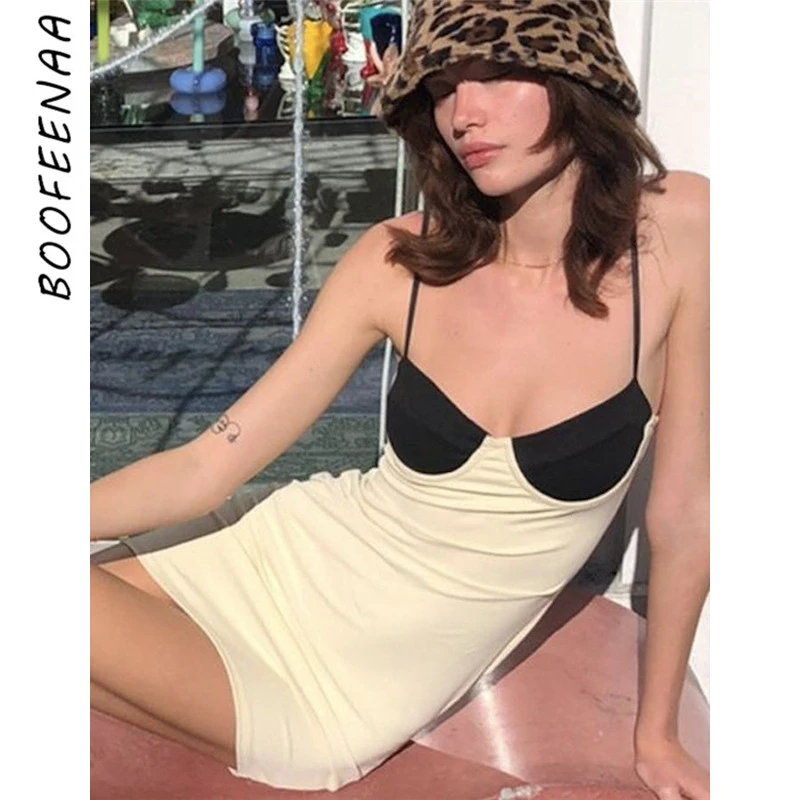 

BOOFEENAA облегающее платье на бретельках Сексуальная модная женская одежда 2022 летняя одежда Клубная одежда лоскутное платье мини с открытой с...