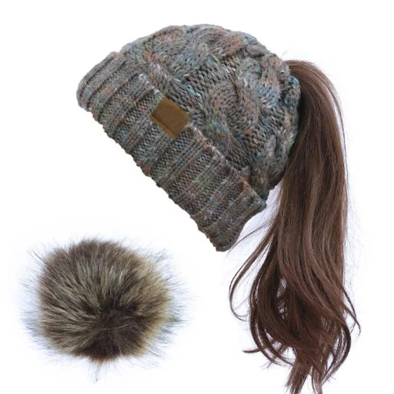 

XEONGKVI Korean Color Point Removable Venonat Knitted Horsetail Cap Two Use Winter Warm Skullies Beanies Women Hats Pompom