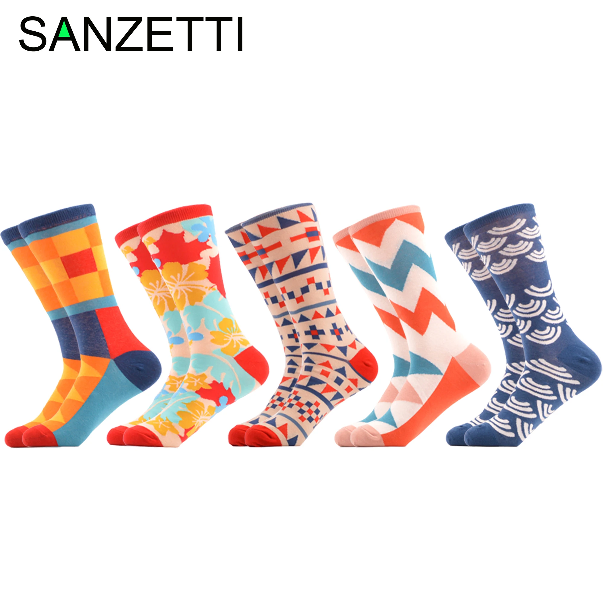 SANZETTI 5 пар/2020 яркие мужские повседневные носки из чесаного хлопка с волнистыми
